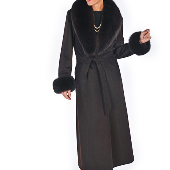 Full Length Cashmere Coat with Fox Fur Trim Brown - Picture 2 of 3